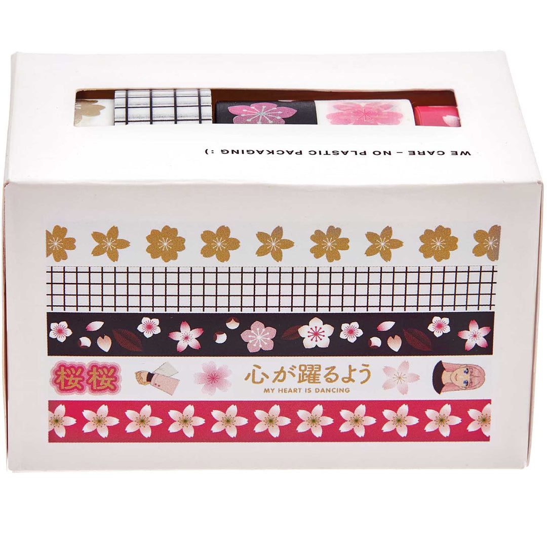 Lot de 5 Masking-Tape - Sakura et Manga - Rose, Blanc, Noir et Or