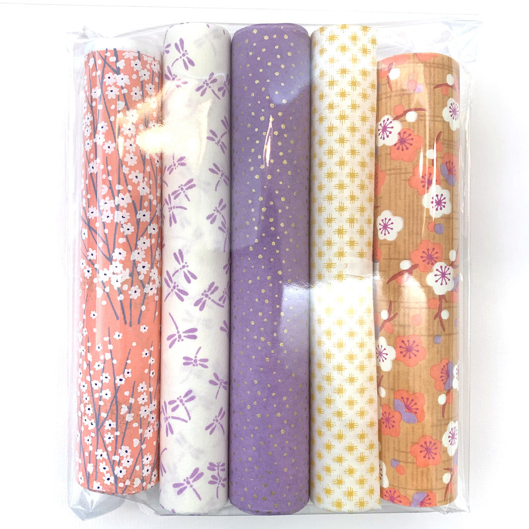 Lot de 5 rouleaux de papiers japonais - Mauve, Jaune et Corail