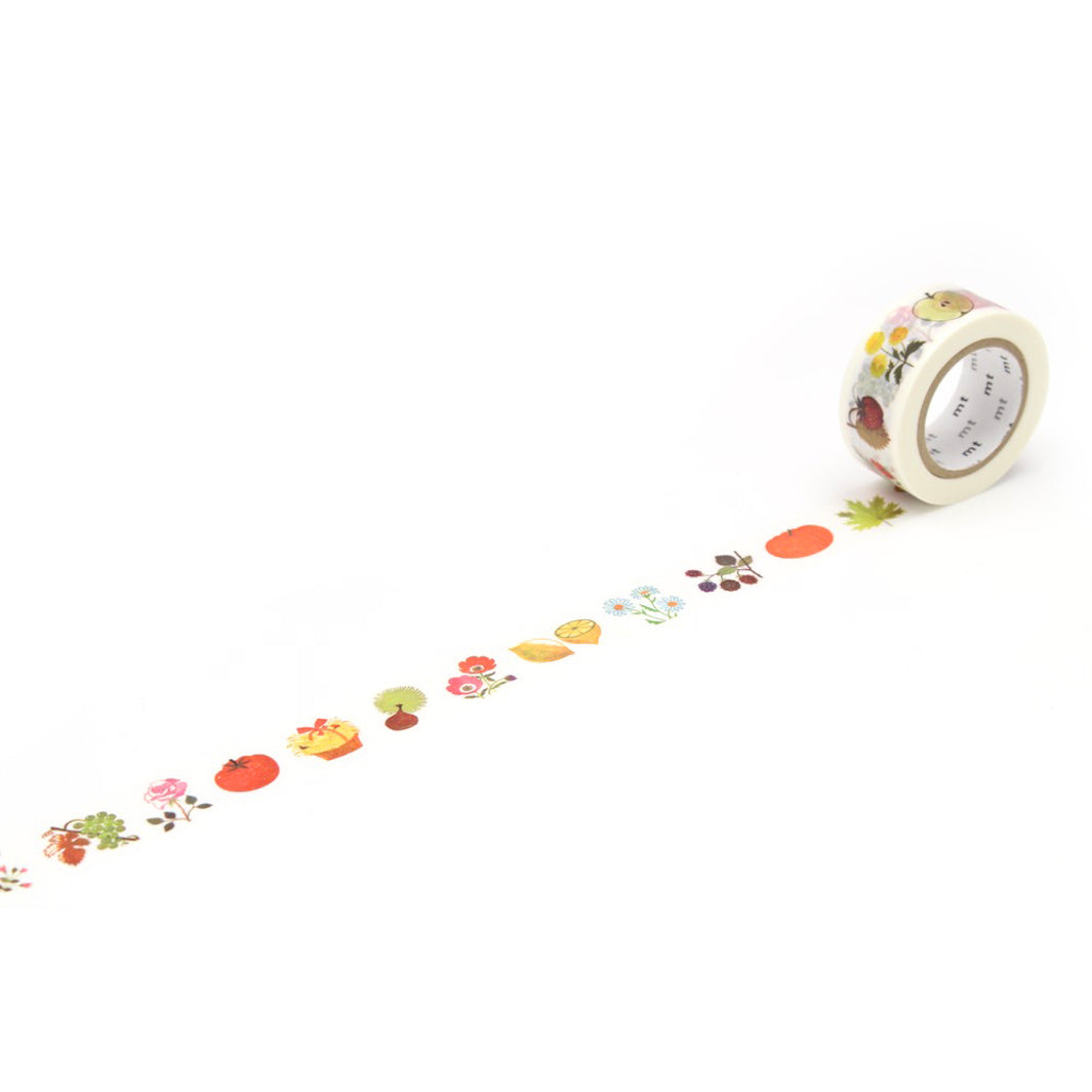 photo d'un masking tape aux motifs variés de plantes dans des tons multicolores réalisés par l'illustrateur français Alain Grée déroulé