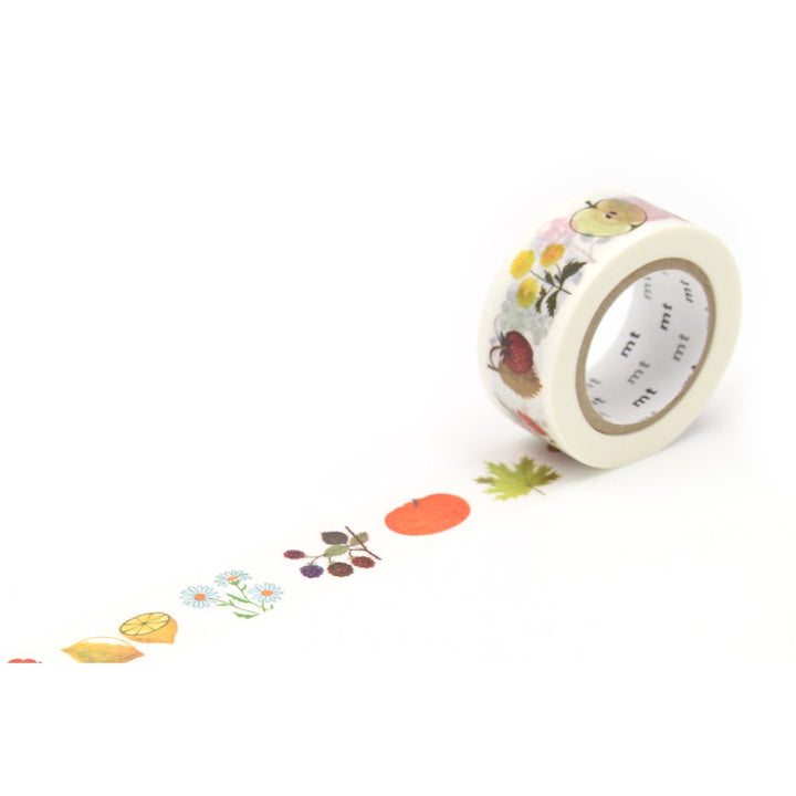 photo zoomée d'un masking tape aux motifs variés de plantes dans des tons multicolores réalisés par l'illustrateur français Alain Grée déroulé