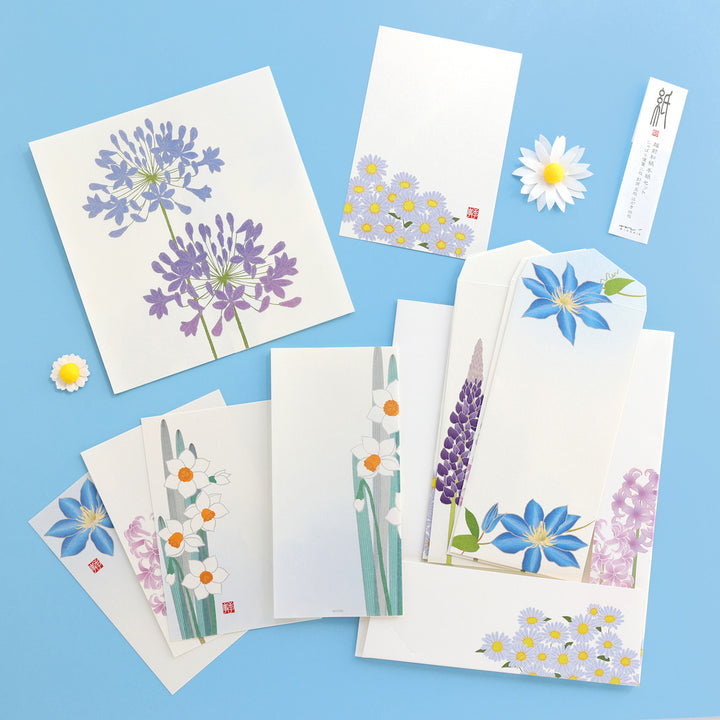 Set de Correspondance - Papiers, Cartes et Enveloppes - Fleurs Bleues