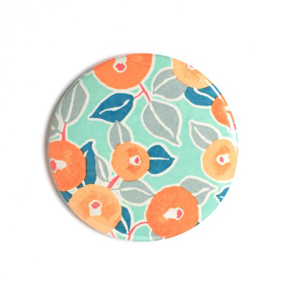 Japanese Paper Pocket Mirror - Camellias - Orange, Blue and Water Green - M807