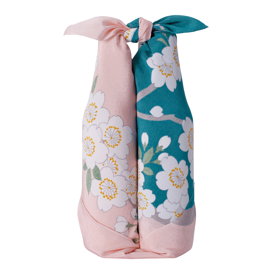 Furoshiki - Cherry Blossoms, Pink and Blue - Koetsu Chirimen - 70x70cm