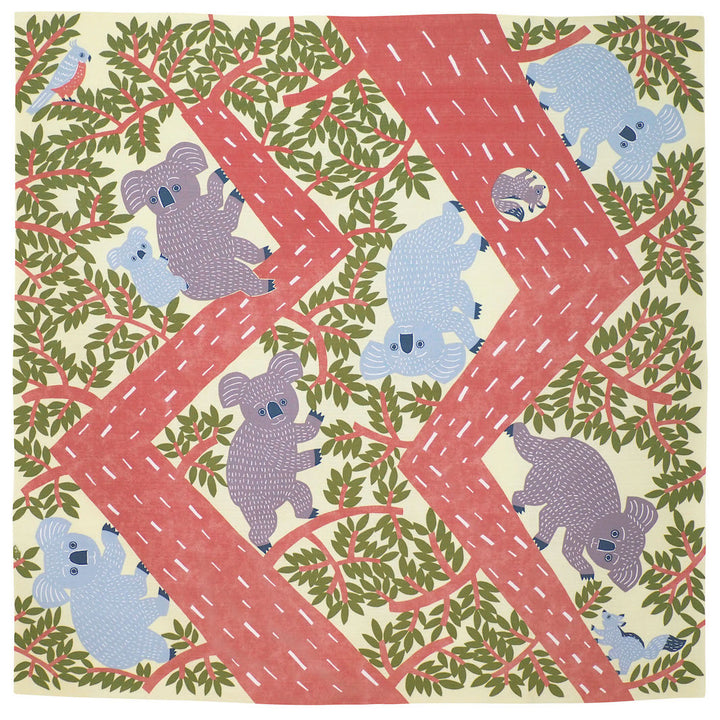 Furoshiki - Koalas et Feuillages, Jaune Pâle, Bois de Rose et Vert  Foncé - Kata Kata - 104x104cm