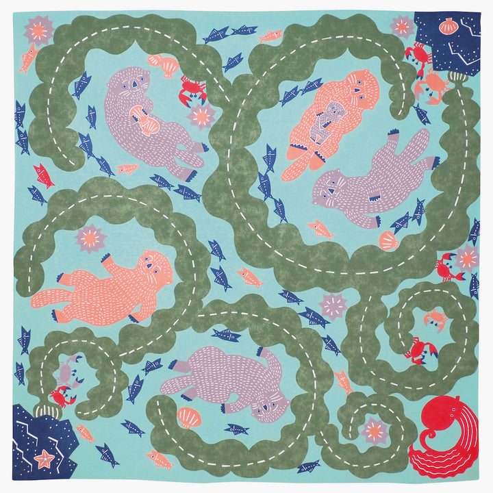 Furoshiki - Loutres et Algues - Turquoise, Bois de Rose, Mauve et Vert  Foncé - Kata Kata - 104x104cm