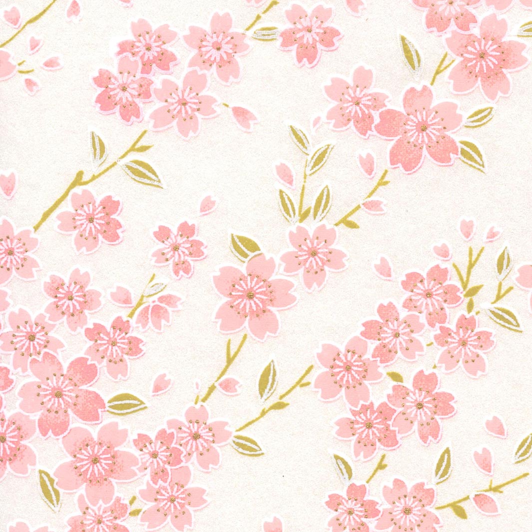 papier japonais aux motifs de branches de cerisier en fleurs blanc nacré, rose poudré, vert tilleul adeline klam de 10cm par 10cm