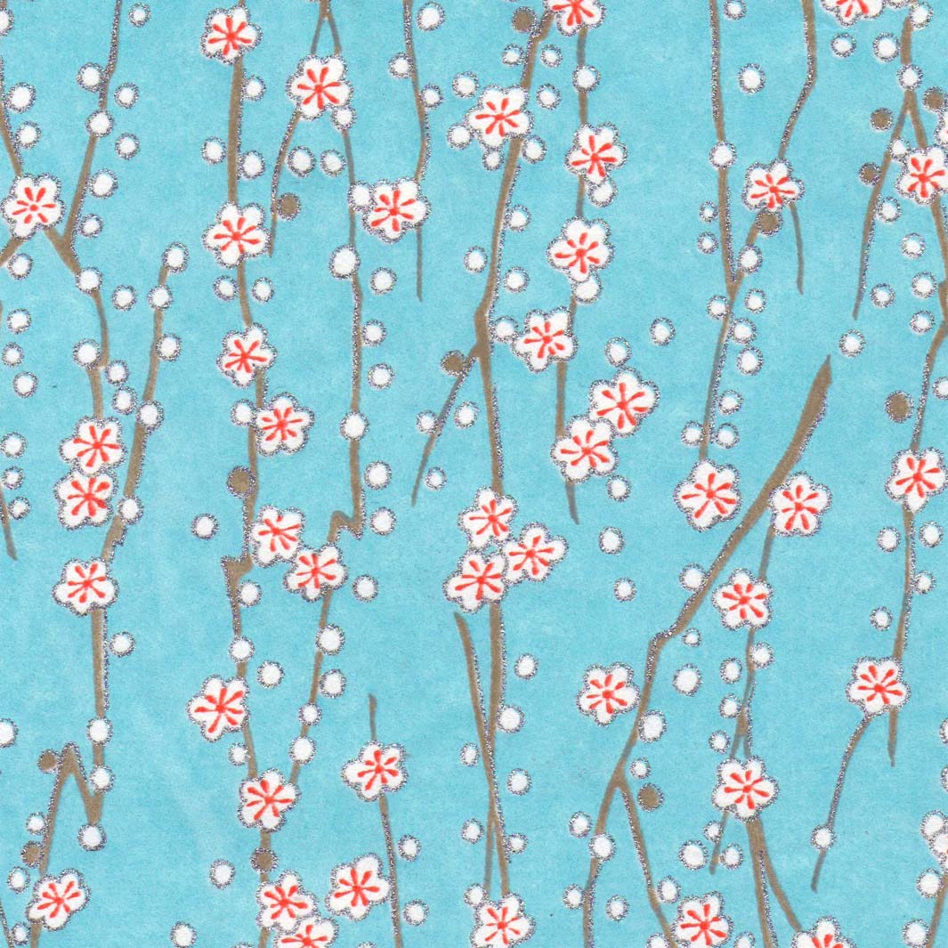 papier japonais aux motifs de branches en fleurs bleu ciel adeline klam de 10cm par 10cm