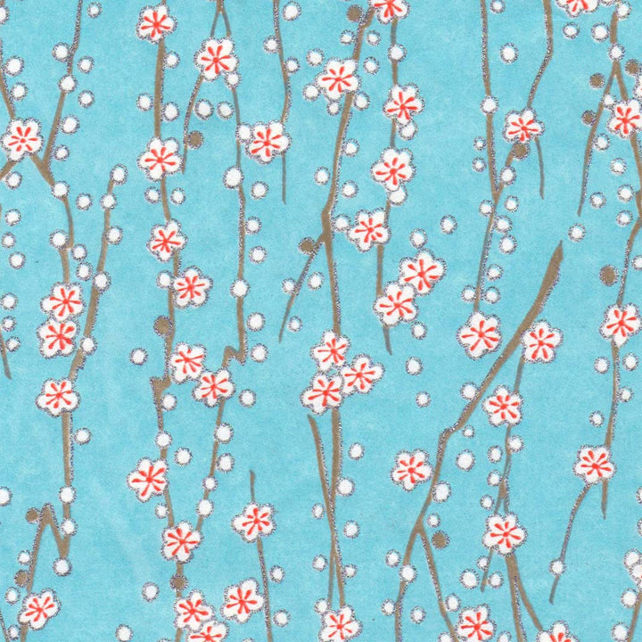 papier japonais aux motifs de branches en fleurs bleu ciel adeline klam de 10cm par 10cm