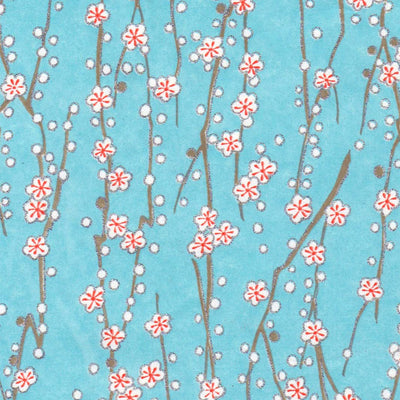 papier japonais aux motifs de branches en fleurs bleu ciel adeline klam de 10cm par 10cm