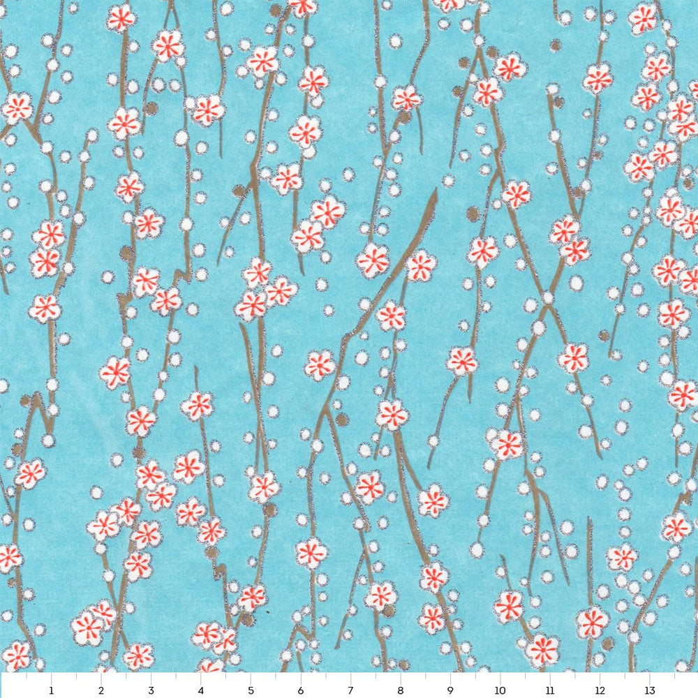 papier japonais aux motifs de branches en fleurs bleu ciel adeline klam de 14cm par 14cm