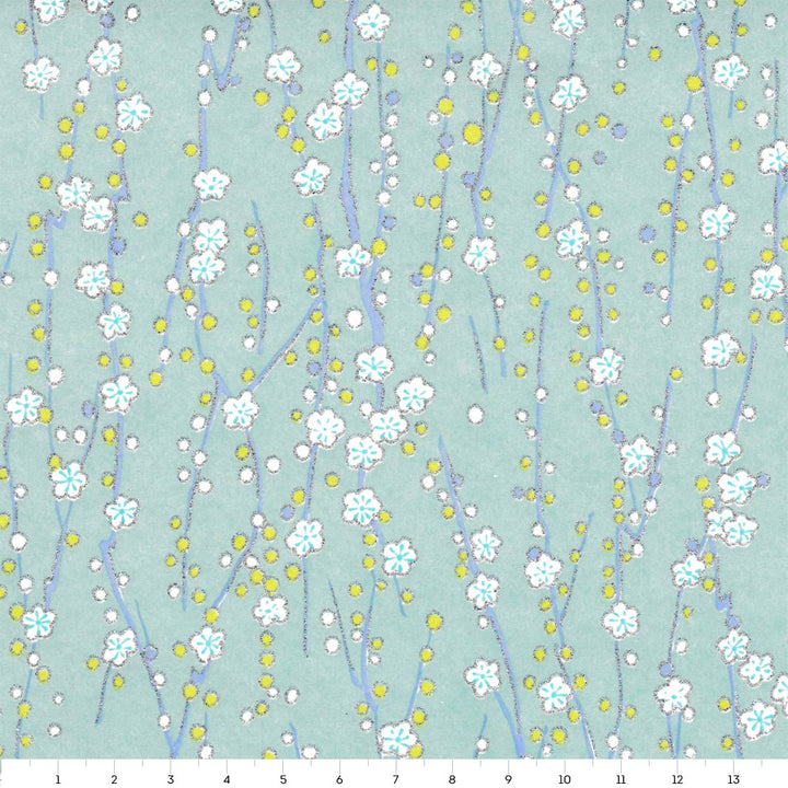 papier japonais aux motifs de branches en fleurs bleu pâle adeline klam de 14cm par 14cm