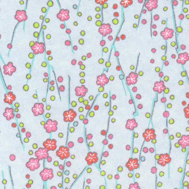 papier japonais aux motifs de branches en fleurs bleus et rose adeline klam de 10cm par 10cm