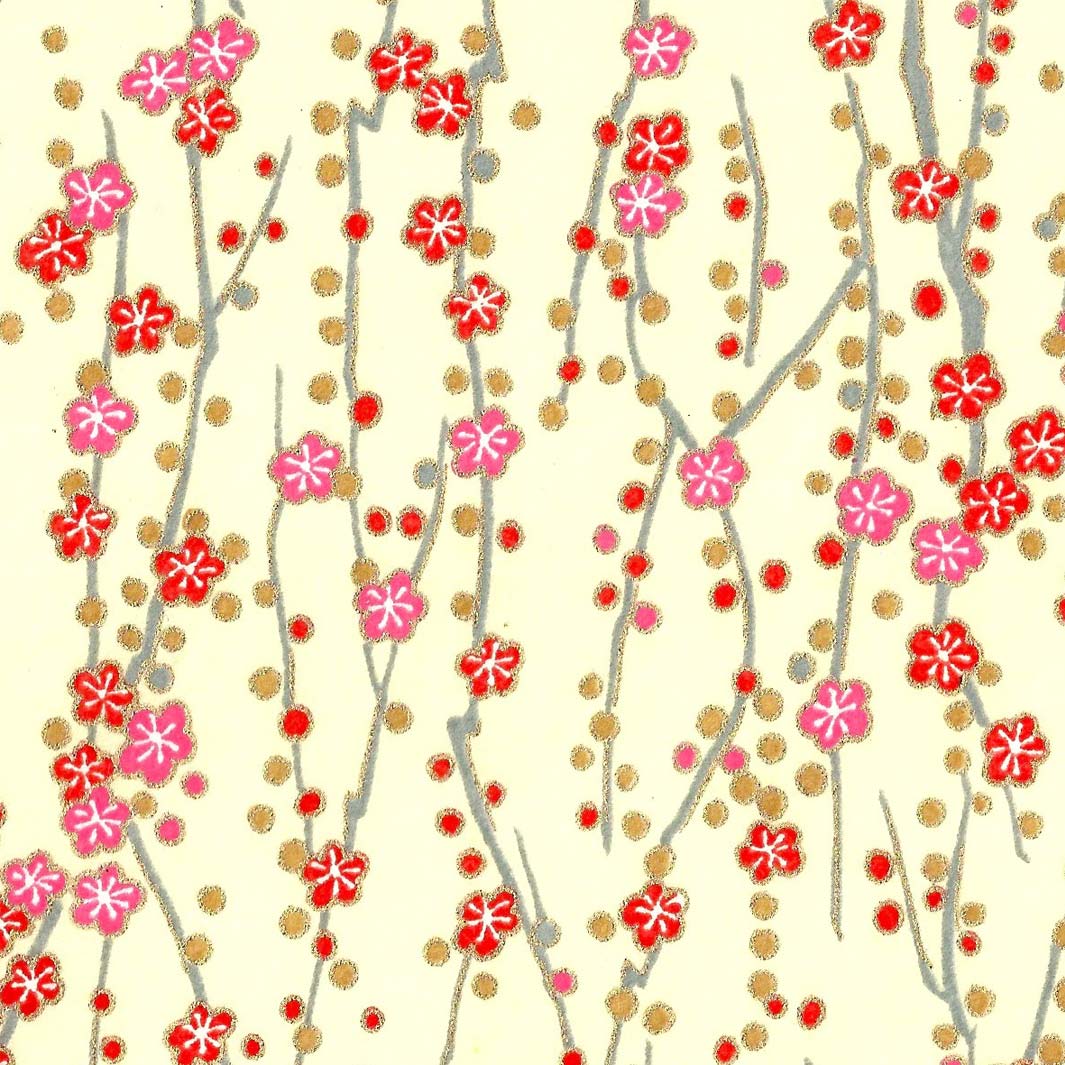 papier japonais aux motifs de branches en fleurs crème et rouge adeline klam de 10cm par 10cm