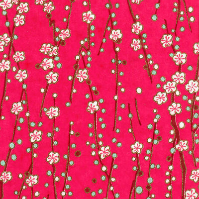 papier japonais yuzen chiyogami aux motifs de branches en fleurs magenta adeline klam de 10cm par 10cm (M617)