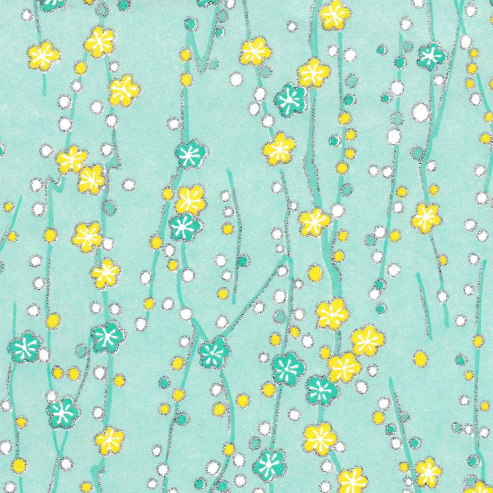 papier japonais aux motifs de branches en fleurs vert d'eau adeline klam de 10cm par 10cm