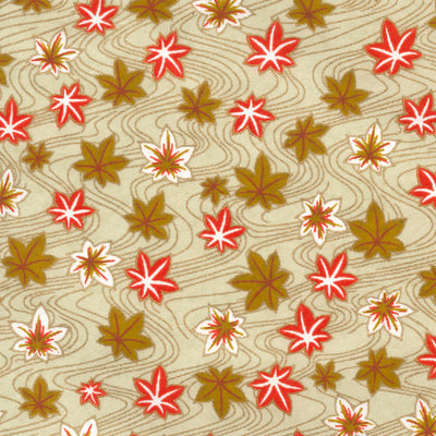 papier japonais aux motifs de feuilles d'érables au vent vertes, grises, jaune moutarde et rouge orangé adeline klam de 10cm par 10cm