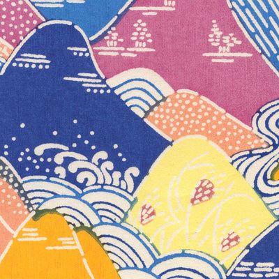 papier japonais katazome aux motifs de montages et de rivières bleus, orange, jaunes et mauve adeline klam de 10cm par 10cm