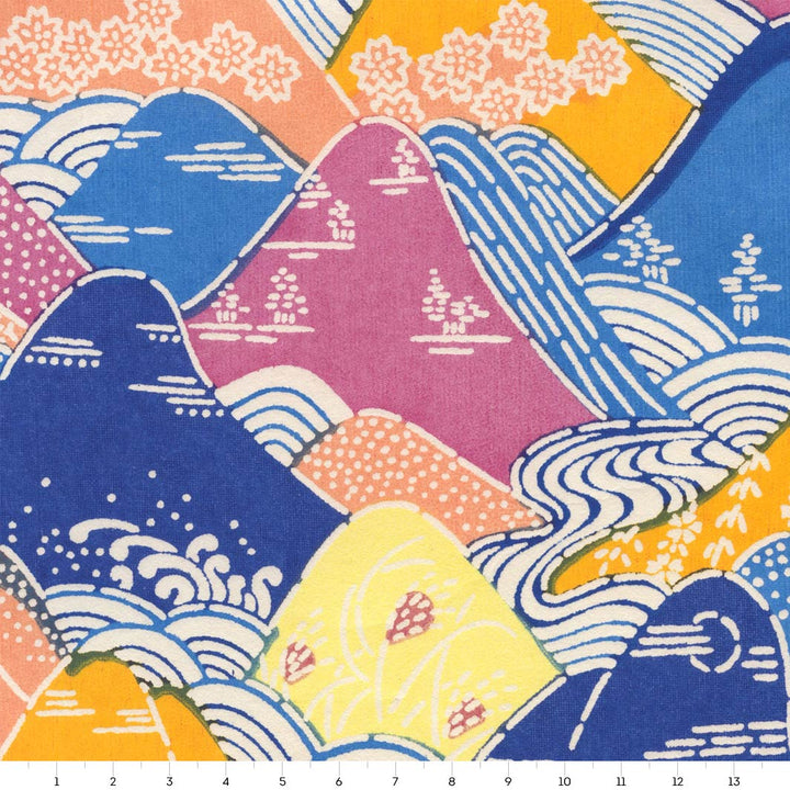 papier japonais katazome aux motifs de montages et de rivières bleus, orange, jaunes et mauve adeline klam de 14cm par 14cm