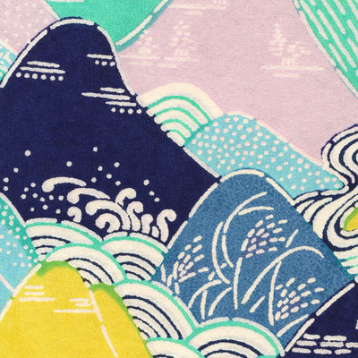 papier japonais katazome aux motifs de montages et de rivières bleus, verts, jaunes et parme adeline klam de 10cm par 10cm