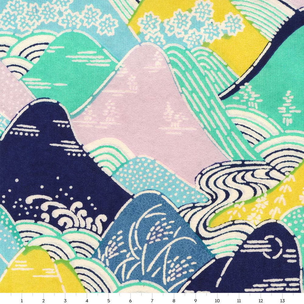 papier japonais katazome aux motifs de montages et de rivières bleus, verts, jaunes et parme adeline klam de 14cm par 14cm