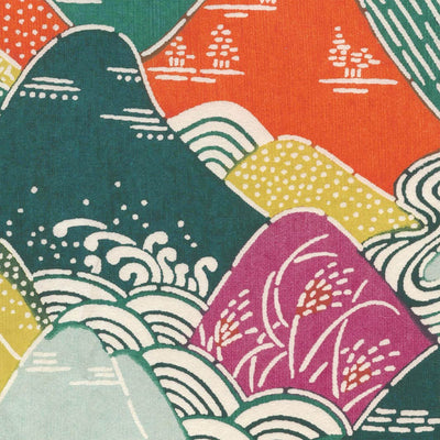 papier japonais katazome aux motifs de montages et de rivières verts, orange, mauve et jaune adeline klam de 10cm par 10cm