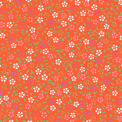 papier japonais aux motifs de mini fleurs de cerisier blanches, roses, mauve et dorées et feuilles vertes sur fond rouge orangé adeline klam de 10cm par 10cm