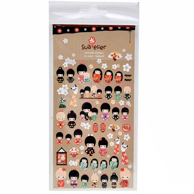 planche de 60 stickers aux motifs de kokeshi