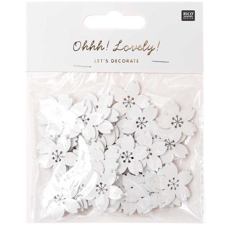 Set of 48 small wooden cherry blossoms - White