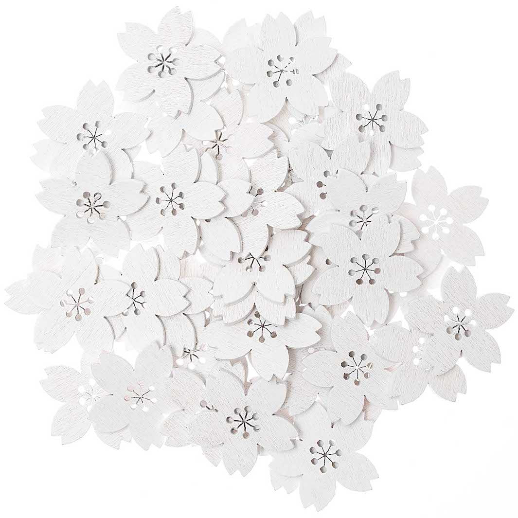 Set of 48 small wooden cherry blossoms - White