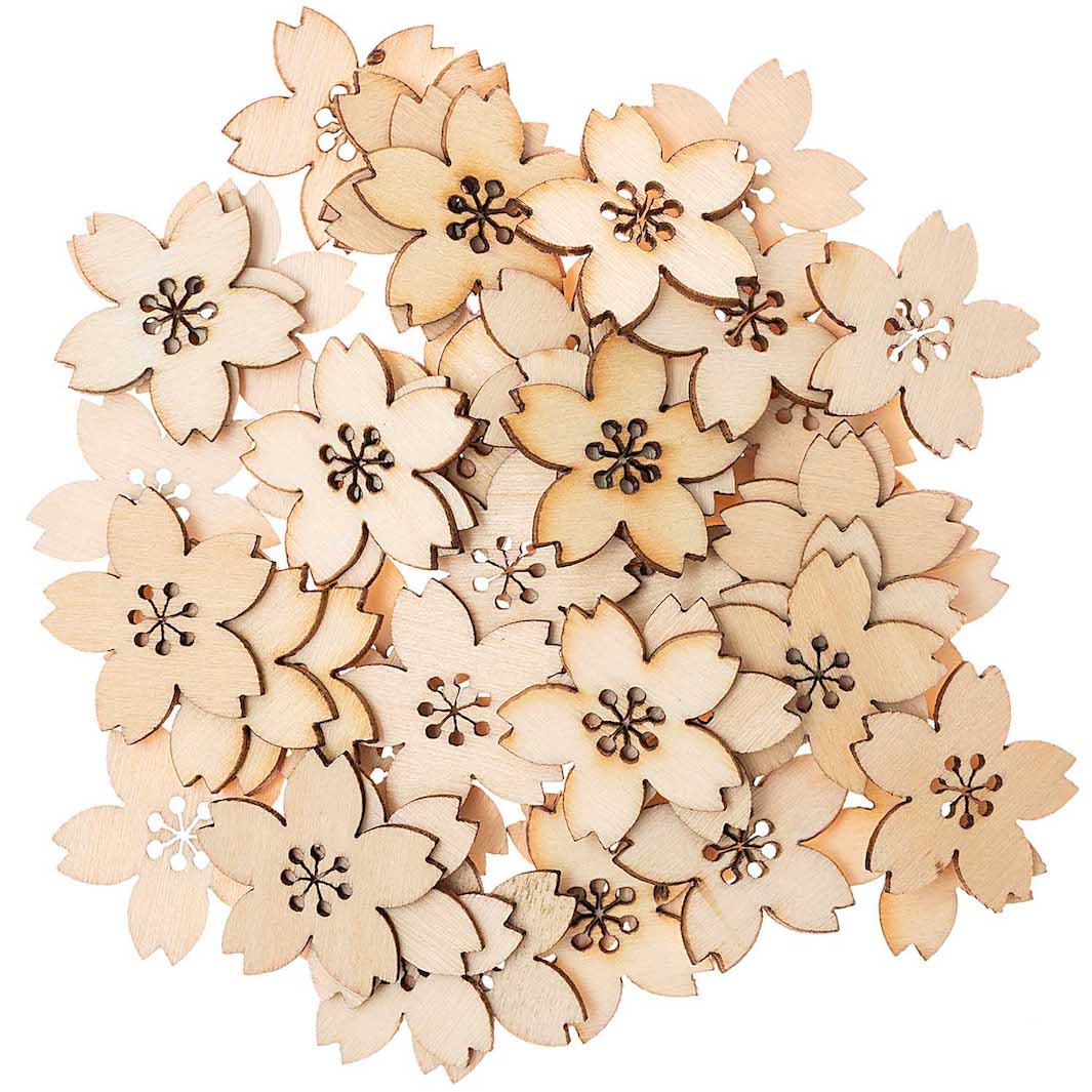 Set of 48 small wooden cherry blossoms - Natural