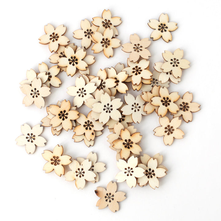 Set of 48 small wooden cherry blossoms - Natural