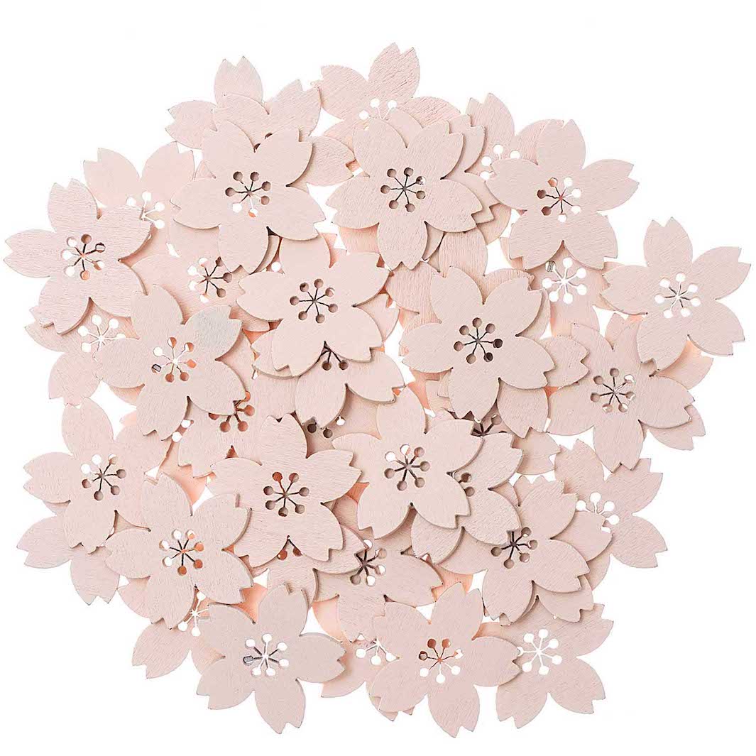 Lot de 48 petites fleurs de cerisier en bois - Rose Pâle