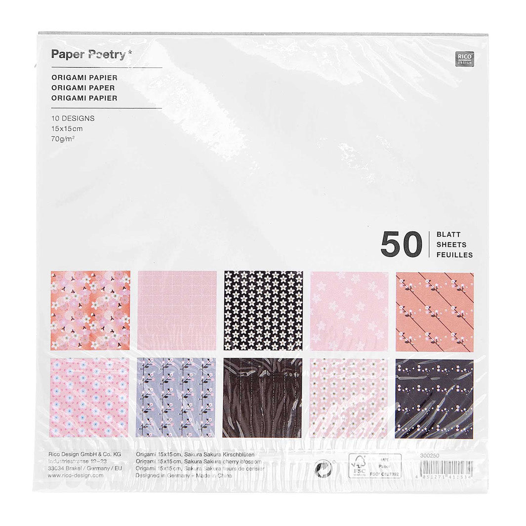 50 Patterned Origami Papers - Cherry Blossom - 10 patterns - 15x15 cm