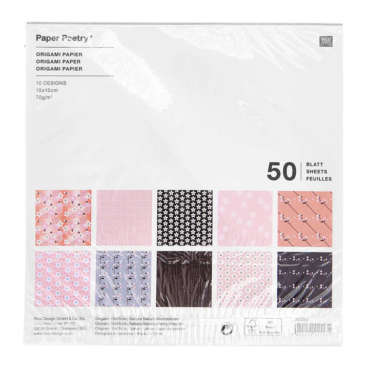 50 Patterned Origami Papers - Cherry Blossom - 10 patterns - 15x15 cm