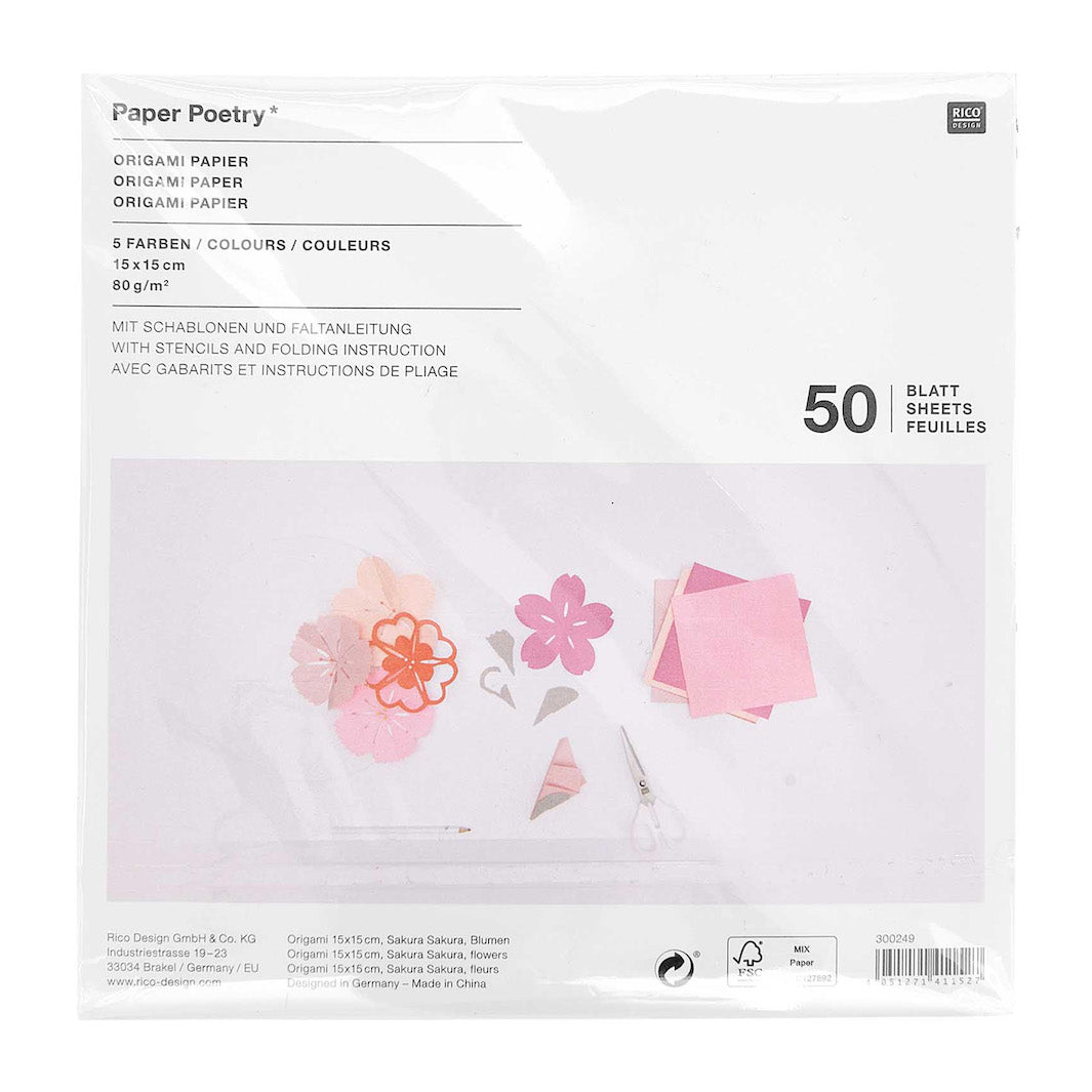 50 Plain Origami Papers and Templates - Pink - 5 colors - 15x15 cm