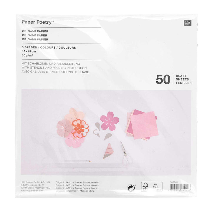 50 Plain Origami Papers and Templates - Pink - 5 colors - 15x15 cm