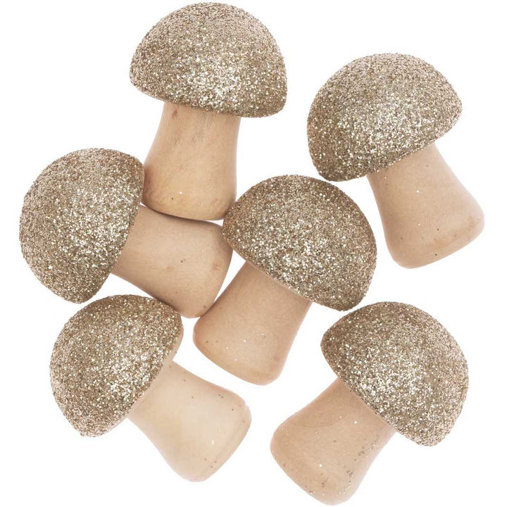 Set of 6 Wooden Mushrooms to Decorate - Glittery