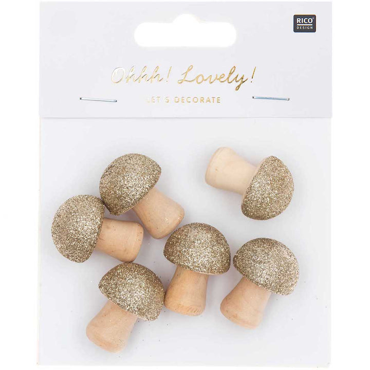 Set of 6 Wooden Mushrooms to Decorate - Glittery