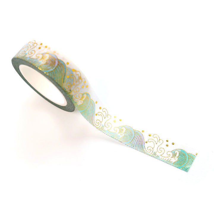 Decorative Adhesive Tape - Waves and Seafoam - Sea Green and Gold