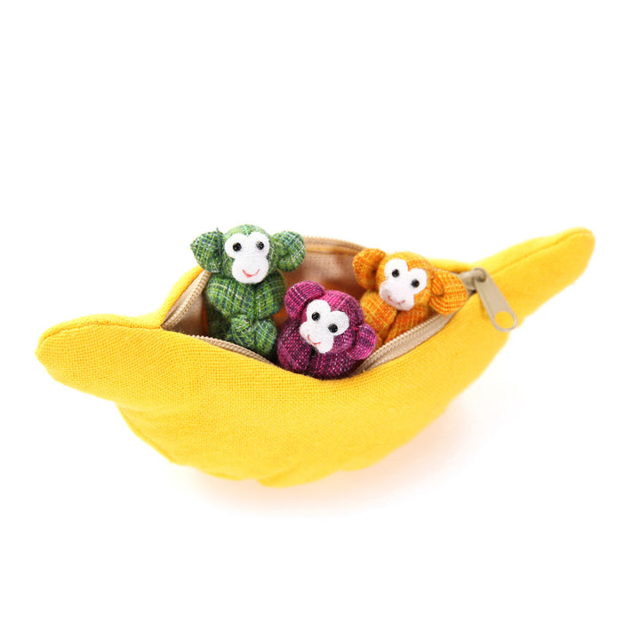 Banane Jaune & Trio de Singes Colorés en Tissus