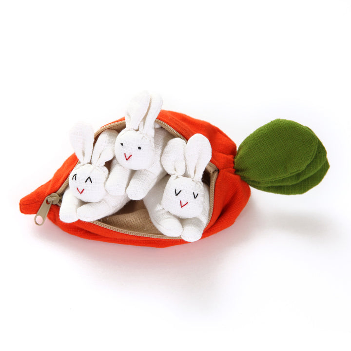 Orange Carrot &amp; Trio of White Fabric Rabbits