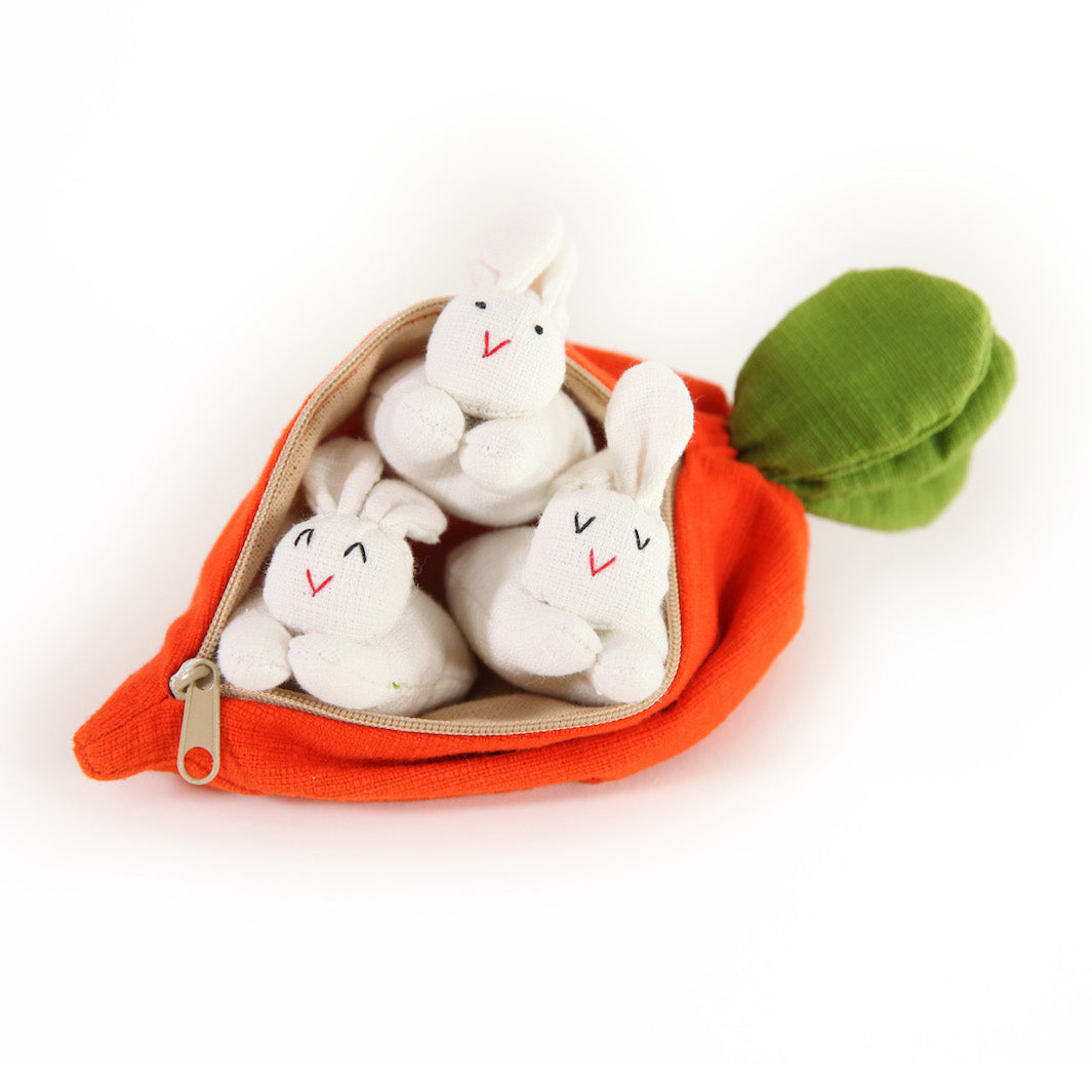 Orange Carrot &amp; Trio of White Fabric Rabbits