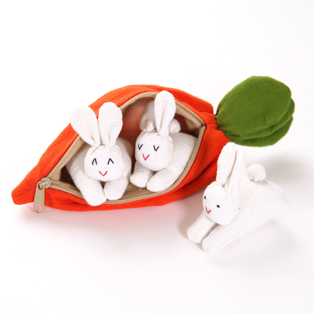 Orange Carrot &amp; Trio of White Fabric Rabbits