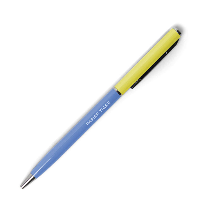 stylo bille bicolore bleu bleuet et jaune acidulé pointe 0,7mm et encre noire papier tigre