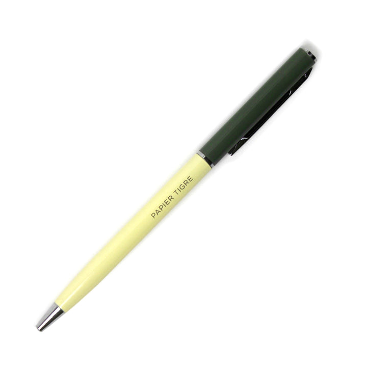 stylo bille bicolore jaune pâle et vert foncé pointe 0,7mm et encre noire papier tigre