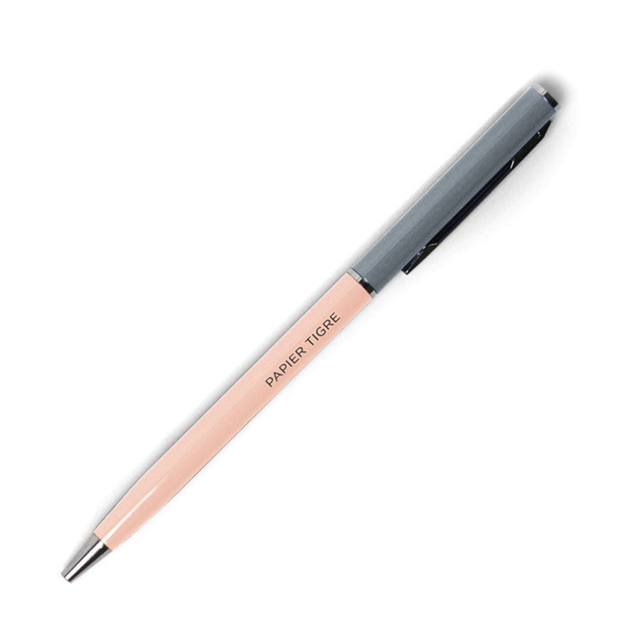 stylo bille bicolore rose pêche et gris bleu pointe 0,7mm et encre noire papier tigre
