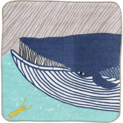 Carré éponge Baleine bleue, Fond taupe et turquoise
